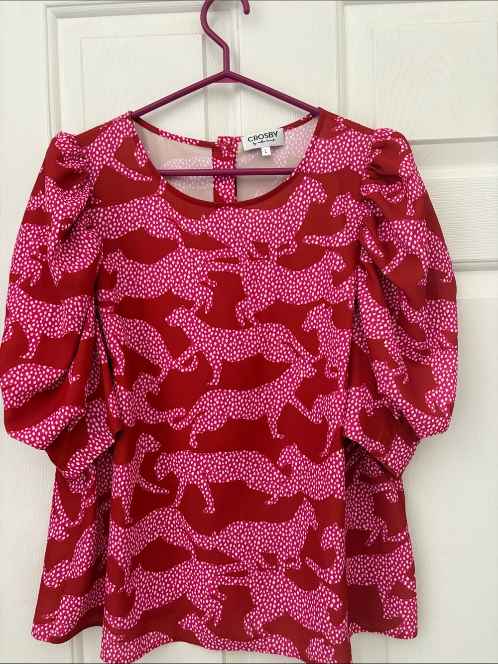 crosby Pink and Red Abstract Puff Sleeve Blouse